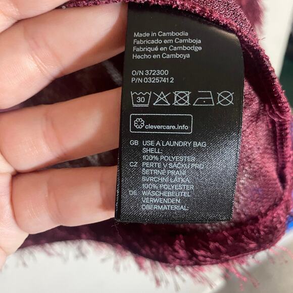 H&M Burgundy Maroon Shaggy Chevron Open Front Karma Jacket Faux Fux Fringe Sz M - Picture 7 of 9